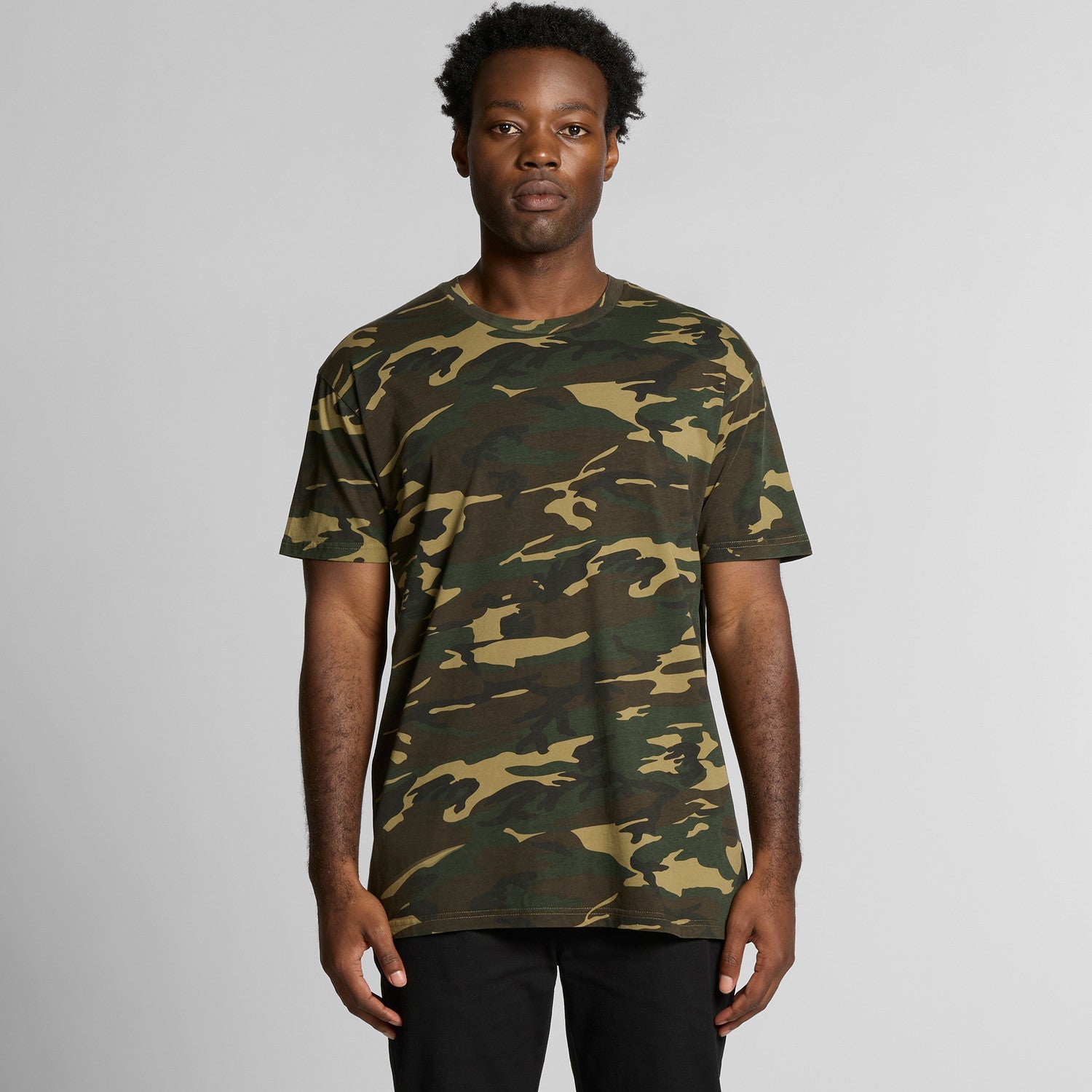 Men's Staple Camo Tee Shirt | Arena Custom Blanks - Arena Prints - Modeled Shot - Front